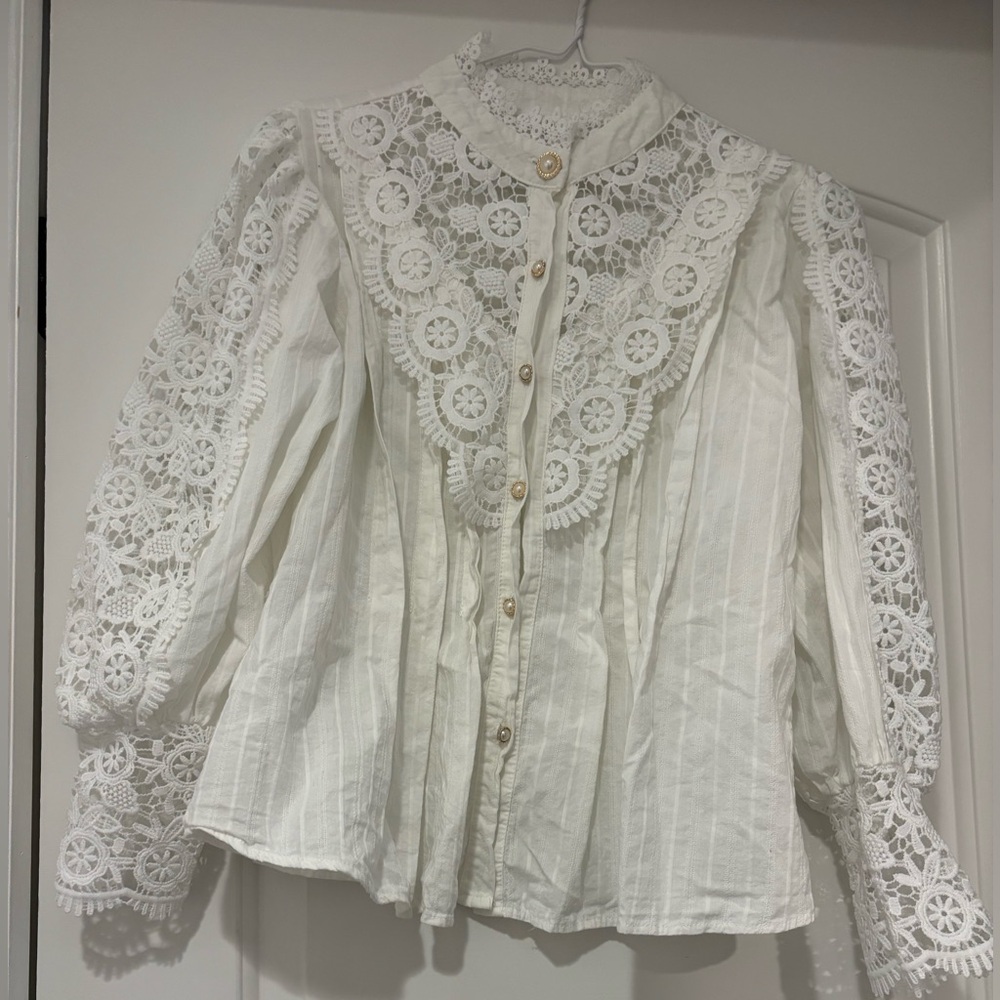 White Lace Button-Up Blouse